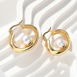 Золотой 304 серьги-кольца Huggie Hoop из нержавеющей стали и АБС-пластика с имитацией жемчуга, ионное покрытие (ip), золотые, 27x23.5x10 мм