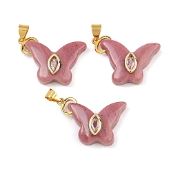 Rhodonite Natural Rhodonite Pendants, Butterfly Charms with Brass Micro Pave Cubic Zirconia Findings, Golden, 17.5~19x23~25x6.5~7mm, Hole: 3.5x4mm