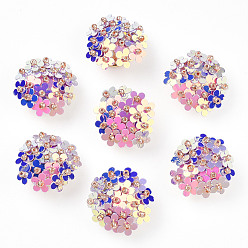 Lavande Cabochons paillette pvc, perles de cluster, avec des perles de rocaille en verre et des réglages de disques perforés en laiton plaqué or, fleur, lavande, 20~23x10~11mm