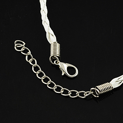 White Trendy Braided Imitation Leather Necklace Making, with Iron End Chains and Lobster Claw Clasps, Platinum Metal Color, White, 16.9 inchx3mm