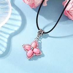 Pink Звезда с подвеской из окрашенной синтетической императорской яшмы и стеклянных бусин, ожерелья из черного вощеного хлопкового шнура, античное серебро, розовые, 17.80 дюйм (45.2 см)
