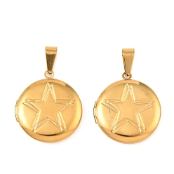 Real 20K Gold Plated 316 подвески из нержавеющей стали Locket, плоский круглый с шармом в виде звезды, с 304 защелкой из нержавеющей стали на поручнях, долговечный, ионное покрытие (ip), реальный 20 k позолоченный, 30.5x27.5x5.5 мм, отверстие : 10.5x4.5 мм, внутренний диаметр: 20.5 мм