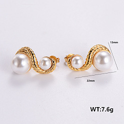 Golden 316 Surgical Stainless Steel Stud Earrings for Women, with Imitation Pearl, Golden, 22x13mm