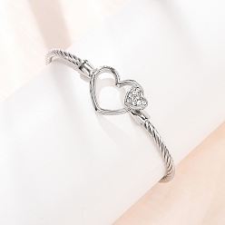 Stainless Steel Color 304 Stainless Steel Crystal Rhinestone Heart Cuff Bangles for Women, Stainless Steel Color, Inner Diameter: 2.28 inch(5.8cm)