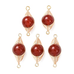 Красный Агат Круглые соединительные подвески из натурального сердолика с медной проволочной обмоткой в виде елочки., золотые, долговечный, 27~28x10x11 мм, отверстие : 1.4~1.6 мм