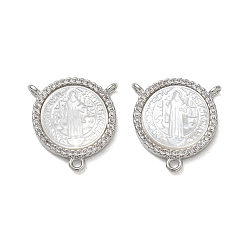 Platinum Brass Micro Pave Clear Cubic Zirconia Chandelier Component Links, Round with Saint Benedict, with Natural White Shell, Cadmium Free & Lead Free, Long-Lasting Plated, Rack Plating, Platinum, 17x16x3mm, Hole: 1.4mm