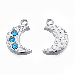 Stainless Steel Color 304 Stainless Steel Charms, with Sapphire Rhinestone, Moon, Stainless Steel Color, 12x7.5x2mm, Hole: 1.5mm