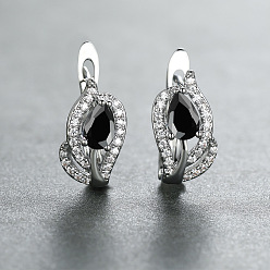 Черный Латунные микро проложить серьги обруча кубического циркония, слеза, платина, чёрные, 16x7 мм