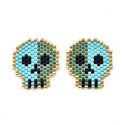 Turquoise Handmade Seed Beads Pendants, with Elastic Thread, Loom Pattern, Skull, Turquoise, 23x20x1.5mm