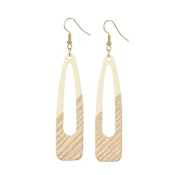 Floral White Two Tone Resin & Wood Dangle Earrings, Hollow Teardrop, Floral White, 87x17mm