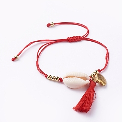Red Braided Bracelets, Red String Bracelets, with Cotton Thread Tassel Pendants, Natural Cowrie Shell Beads, 304 Stainless Steel Pendants, Brass Beads and Nylon Thread, Red, 1/2 inch~3-5/8 inch(1.4~9.2cm)
