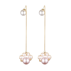 Pink Glass Pearl Dangle Earrings, with Real 18K Gold Plated Brass Stud Earring Findings, Copper Wire and Acrylic Imitation Pearl Ear Nuts, Dog Paw Prints, Pink, 110mm, Pin: 0.6mm