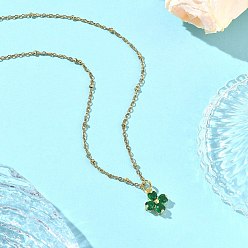 Oro Colgante de trébol de cuatro hojas verde con circonitas cúbicas pavé de latón para el día de San Patricio 304 Collares de cadena satélite de acero inoxidable, dorado, 17.72 pulgada (45 cm)