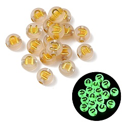 Letter U Светящиеся прозрачные акриловые бусины, плоские круглые с буквы, светится в темноте, золотой металл обвитыми, Буква U, 7x4 мм, отверстие : 1.8 мм, Около 3700 шт / 500 г