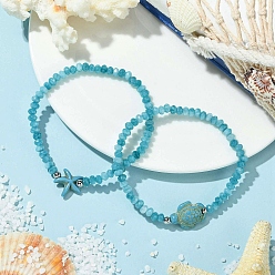 (404) Непрозрачное AB Кислое яблоко 2шт. 2 стили синтетических бирюзовых и окрашенных натуральных нефритовых бусин-ронделей из Малайзии эластичные браслеты для женщин, черепаха и морская звезда, цветочный белый, внутренний диаметр: 2.05~2.13 дюйм (5.2~5.4 см), 1 шт / стиль