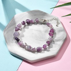 Аметист Браслеты из натурального кварца для женщин, с застежками-клешнями из серебряного сплава, железными цепями и стеклянными семенами, 6-7/8~7-3/8 дюйм (17.5~18.8 см)
