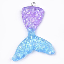 Средний Фиолетовый Подвески из смолы, с порошком блеска и железом, форма хвоста русалки, платина, средне фиолетовый, 46x30x6 мм, отверстие : 2 мм