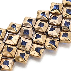 Темно-Синий Стеклянные бусины с гальваническим покрытием , ромб, с золотым оттенком латуни, темно-синий, 11~12x11~12x6 мм, отверстие : 0.9 мм, около 28~29 шт / нитка, 12.40~12.91'' (31.5~32.8 см)