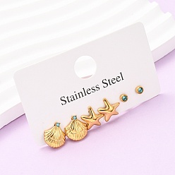 Настоящее золото 18K 3 пары океанической серии 304 серьги-гвоздики из нержавеющей стали в форме морских звезд и ракушек, со стразами, ионное покрытие (ip), реальный 18 k позолоченный, 11~14x4~12.5 мм