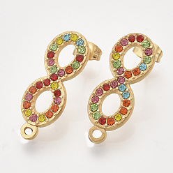 Colorful 304 Stainless Steel Stud Earring Findings, with Rhinestone, Loop and Ear Nuts/Earring Backs, Infinity, Golden, Colorful, 26.5x10x2mm, Hole: 1.5mm, Pin: 0.8mm