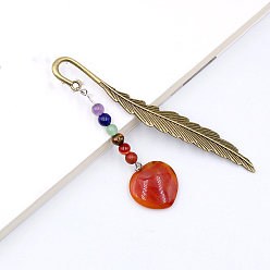 Carnelian Natural Carnelian Heart Pendant Bookmark, with 7 Natural Gemstone Round Beads, Feather Shape Alloy Bookmark, 120mm