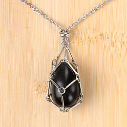 Обсидиан Кулон в виде клетки для пасхальных яиц из натурального обсидиана 304 цепочка из нержавеющей стали, цвет нержавеющей стали, 27.56 дюйм (70 см)