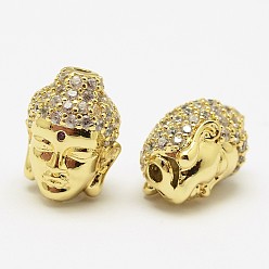Настоящее золото 18K Латунные микро проложить класса AAA кубического циркония бусы, Голова Будды, без кадмия, без никеля и без свинца, реальный 18 k позолоченный, 13.5x11.5x10 мм, отверстие : 2 мм