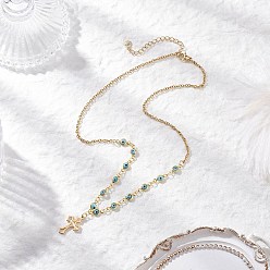 Светло-Голубой 304 Женские ожерелья-цепочки с подвеской-крестиком из нержавеющей стали ручной работы, от сглаза, из латуни, золотые, Небесно-голубой, 16.73 дюйм (42.5 см)