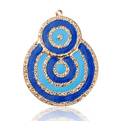 Bleu Pendentifs en émail de fer plaqué or clair, deux grands pendentifs plats ronds / calebasse, bleu, 63x48x1mm, Trou: 2mm