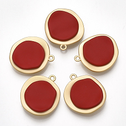 Red Smooth Surface Spray Painted Alloy Pendants, Flat Round, Matte Gold Color, Red, 26x23x5mm, Hole: 2mm