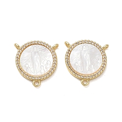 Real 18K Gold Plated Brass Micro Pave Clear Cubic Zirconia Chandelier Component Links, Round with Virgin Mary, with Natural White Shell, Cadmium Free & Lead Free, Long-Lasting Plated, Rack Plating, Real 18K Gold Plated, 17x16x3mm, Hole: 1.4mm