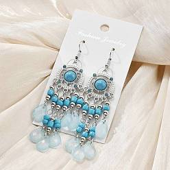 Темно-Голубой Серьги-люстры из сплава, акрила и страз для женщин, платина, плоский круглый и слезинка, глубокое синее небо, 88x21.5 мм