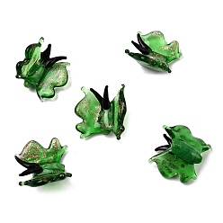 Зеленый Прозрачные бусины лэмпворк, бусины ручной работы золотой фольги стекла, бабочка, зелёные, 17~17.5x19~21x8.5 мм, отверстие : 1.5 мм