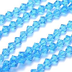 Cornflower Blue Faceted Imitation Austrian Crystal Bead Strands, Grade AAA, Bicone, Sky Blue, 8x8mm, Hole: 0.9~1mm, about 50pcs/strand, 15.7 inch