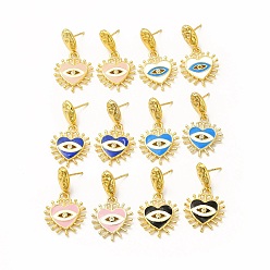 (52) Непрозрачная лаванда Серьга-гвоздик из латуни с кубическим цирконием, эмалированное сердце с подвеской в виде глаза для женщин, реальный 18 k позолоченный, без свинца и без кадмия, разноцветные, 33 мм, штифты : 1 мм