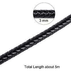 Black Braided Leather Cord, Leather Jewelry Cord, Jewelry DIY Making Material, Dyed, Round, Black, 8mm, about 5.46 yards(5m)/roll