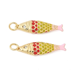 Желто-Зеленый Латунь эмаль подвески, с подвесками в форме рыбок из кубического циркония, стойки покрытие, без кадмия и без свинца, долговечный, реальный 18 k позолоченный, желто-зеленый, 25.5x7.5x3.8 мм, отверстие : 3.5 мм