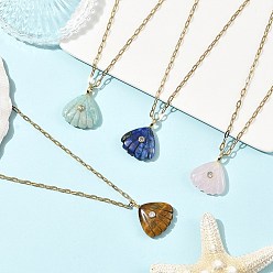Golden Summer Beach Natural Mixed Stone Carved Shell Shape Pendant 304 Stainless Steel Cable Chain Necklaces with Cubic Zirconia for Women, Golden, 17.32 inch(44cm)