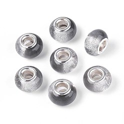 Серый Прозрачные европейские бусины-рондель из смолы, с блестящей пудрой и латунными сердечниками платинового тона, бусины с большим отверстием, серые, 14x9 мм, отверстие : 5 мм