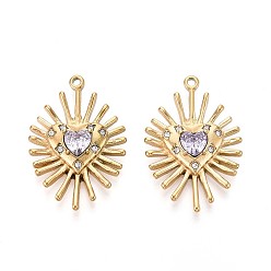 Настоящее золото 14K 304 микро нержавеющей стали прокладывать Цирконом подвески, сердце, реальный 14 k позолоченный, 34x22.5x5 мм, отверстие : 1.6 мм