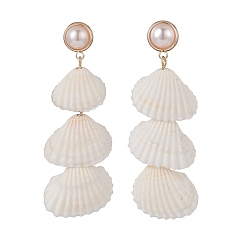 Golden Natural Spiral Shell & Shell Pearl Dangle Stud Earrings, Brass Long Drop Earrings for Women, Golden, 65mm, Pin: 0.6mm