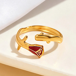 Red 304 Stainless Steel Enamel Cuff Open Rings, Flower, Golden, Red, 17mm