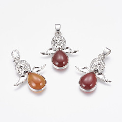 Carnelian Natural Carnelian Pendants, Angel, with Brass Finding, Platinum, 35x29.5x6mm, Hole: 4x7mm