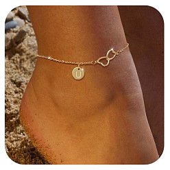 Letter U Латунные двойные сердечки плоские круглые инициалы браслеты на ногу для женщин, золотые, Буква U, 9-1/8 дюйм (230 мм)