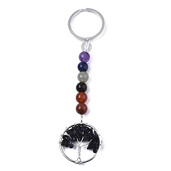 Blue Goldstone Synthetic Blue Goldstone Chips Chakra Keychain, with Platinum Plated Stainless Steel Split Key Rings and Mixed Stone Round Beads, Flat Round with Tree of Life, 122mm