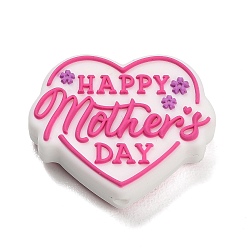 Pink Mother's Day Silicone Beads, Heart with Word Happy Mother's Day, Pink, 25x30x9mm, Hole: 2mm