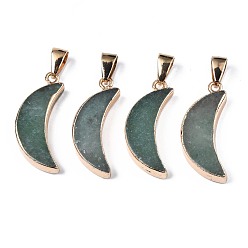 Зеленый Авантюрин Зеленый авантюрин подвески, с золотистой латунной защелкой и краем, луна, 28x11~12x4 мм, отверстие : 7x4 мм