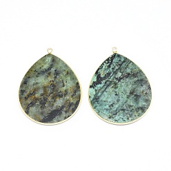 Natural Turquoise Natural African Turquoise(Jasper) Pendants, with Brass Findings, Drop, Golden, 42~44x33~35x2.5mm, Hole: 2mm