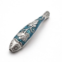 Zyan Antikem Silber Messing Emaille Fischperlen, Bleifrei und cadmium frei, Zyan, 37.5x8x4 mm, Bohrung: 2 mm