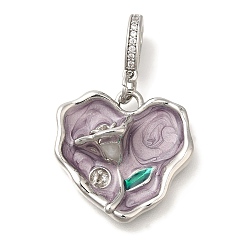 Платина Латунные микро-паве прозрачные кубические цирконии европейские подвески-шармы, эмалированные колышки, за половину пробурено бисера, без кадмия, без никеля и без свинца, сердце с цветочными подвесками, платина, лоток : 3.5 мм, 33.5x21.5x7.5 мм, отверстие : 6x3.5 мм, штифты : 0.7 мм